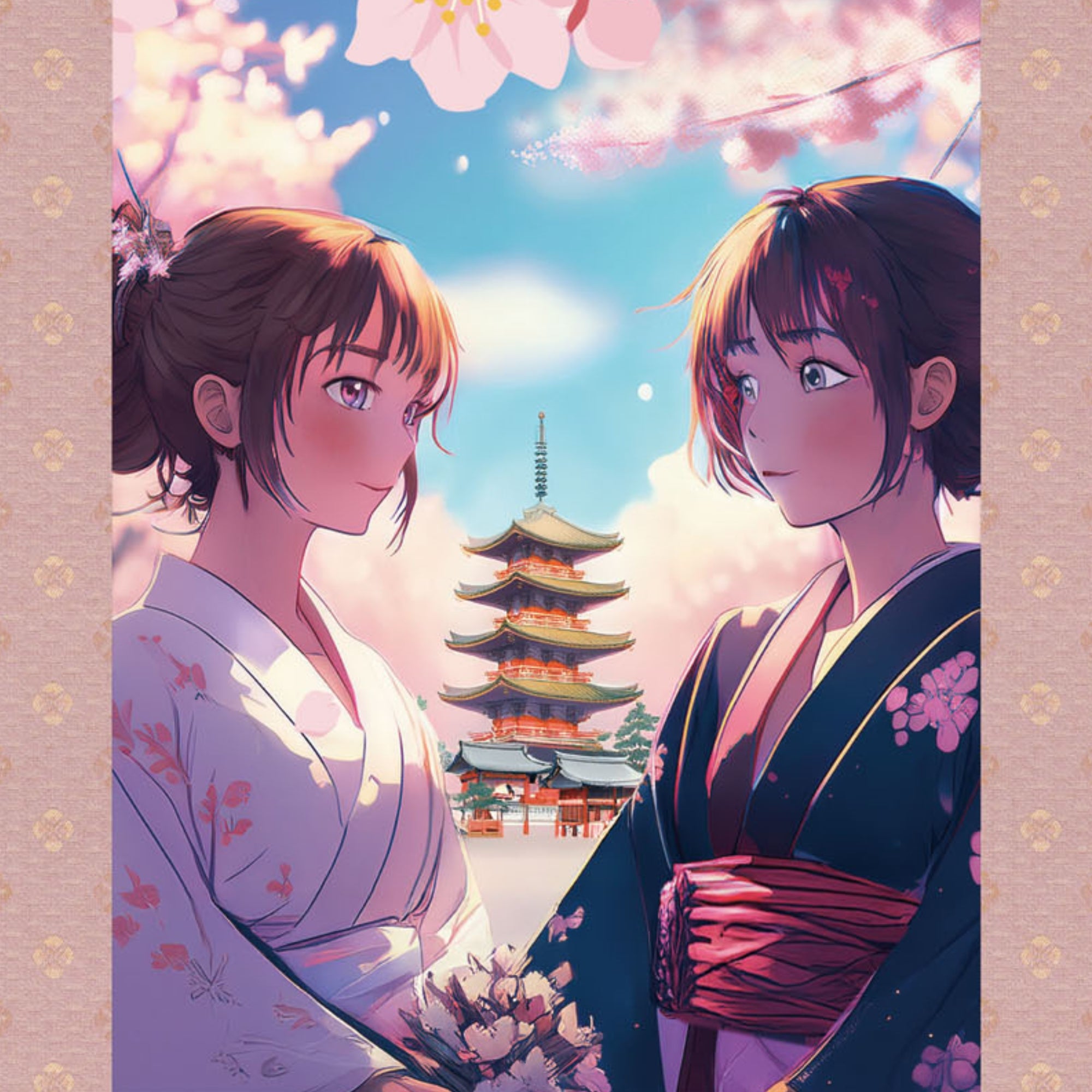 Anime Japonês Sakura Kakemono Wall Scroll – Mulheres de Kimono com Pagoda