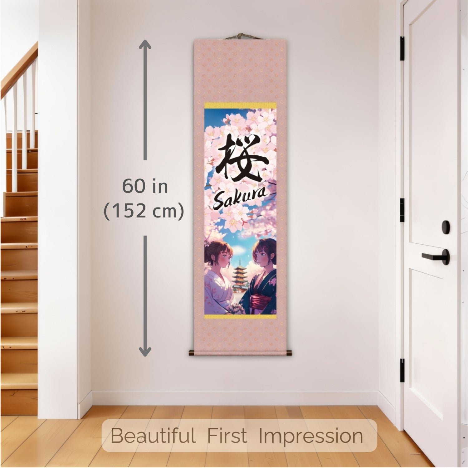 Anime Japonês Sakura Kakemono Wall Scroll – Mulheres de Kimono com Pagoda 
