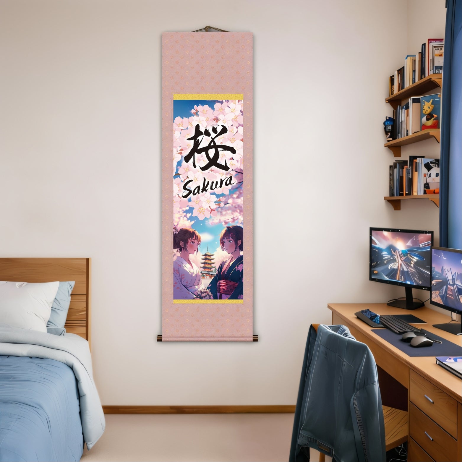 Anime Japonês Sakura Kakemono Wall Scroll – Mulheres de Kimono com Pagoda 
